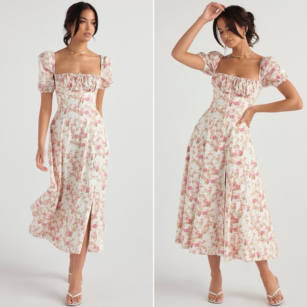 House of CB Tallulah Dress XS Floral Puff Sleeve Rose Print Coquette Romantic - Picture 12 of 13